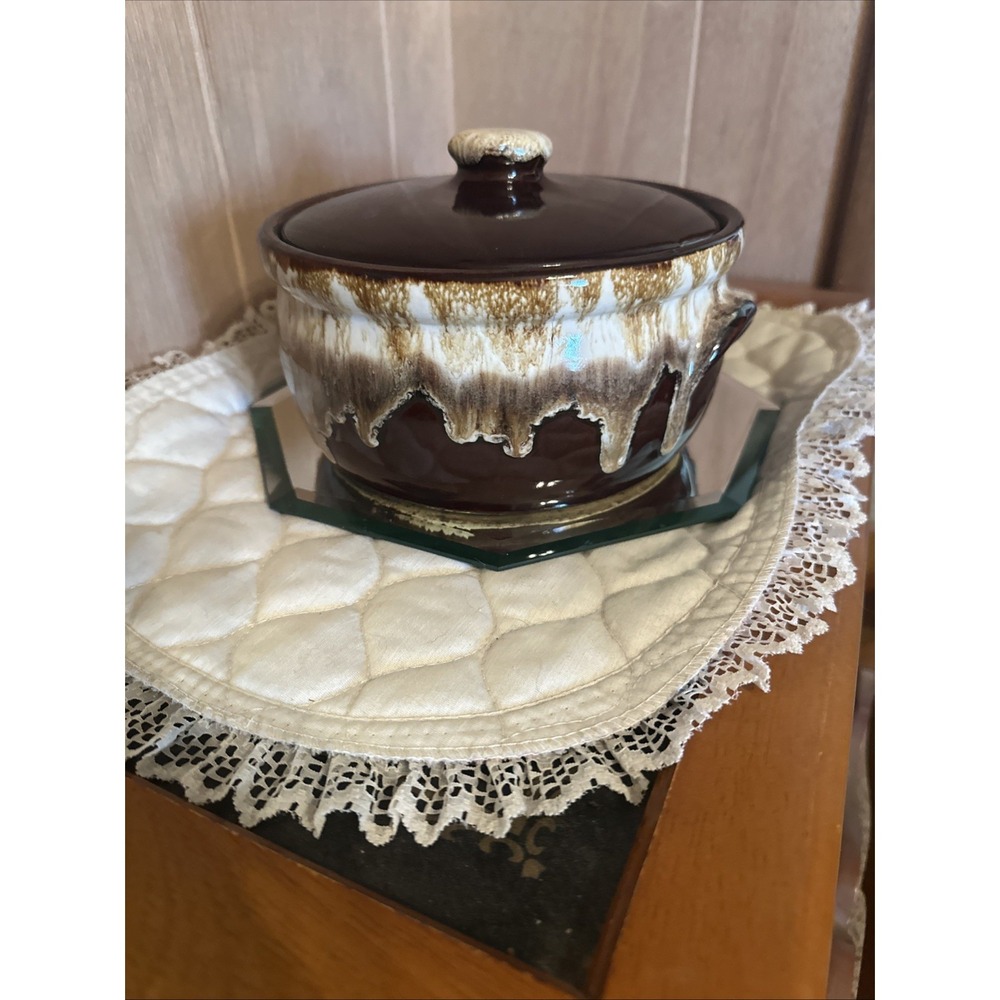 Hull Casserole With Lid In The "Kathy Kale" line brown drip glaze style.